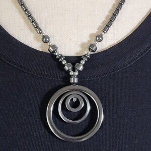 Hematite Beaded Necklace with 3 Circle Hematite Pendant 18"